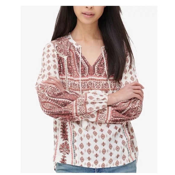 NWT Lucky Brand Border Print Peasant Top Orange Size Small - Picture 2 of 9